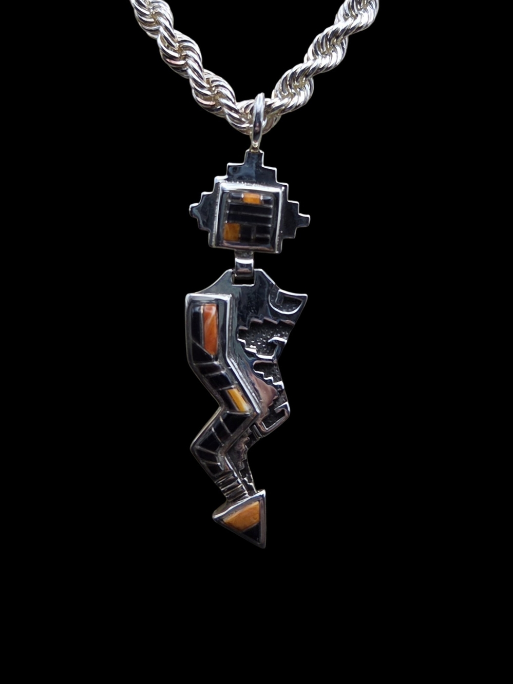 Sterling Silver Geometric Pendant Necklace with Orange Inlay Kachina